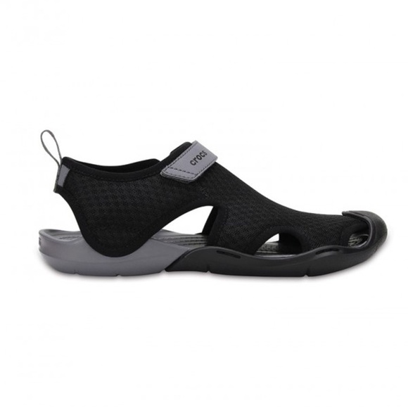 [US8]CROCS Swiftwater Mesh Deck Sandals Black and Gray Slip-Ons - Picture 2 of 7